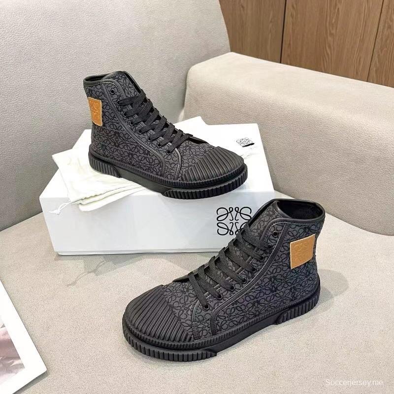 2025 Women Loewe Black Fabric Leather High-Top Sneakers LY00291
