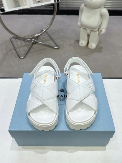 2025 Women Prada White Leather Sandals KFY00280