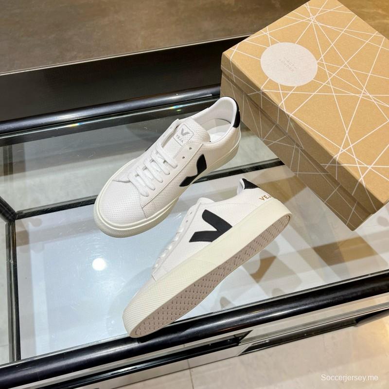 2025 Unisex VEJA White Black Leather Canvas Sneakers V Logo MJ00240(W/M)