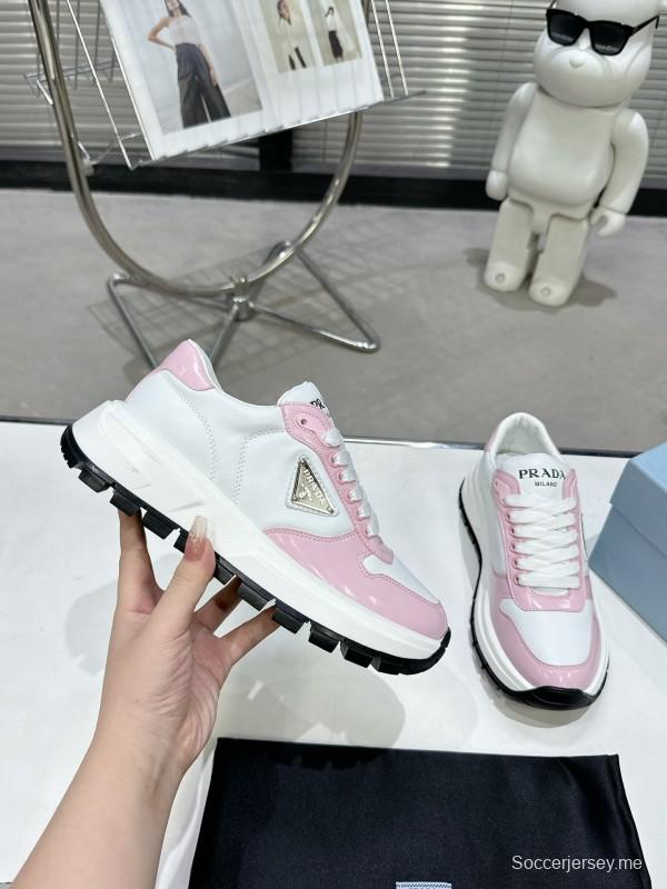 2025 Women Prada White Pink Leather Sneakers