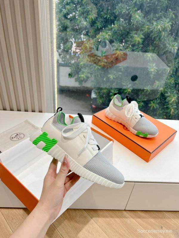 2024 Unisex Hermès White Green Calfskin Suede Sneakers MJ00290