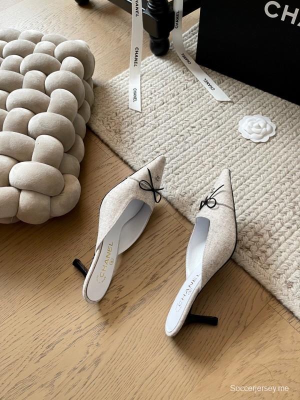 2025 Women Chanel Beige Fabric Pointed Toe Mules KFY00290