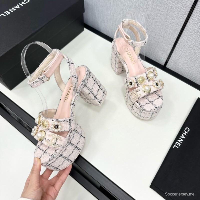 2025 Women Chanel Pink Black Wool Platform Sandals MJ00310