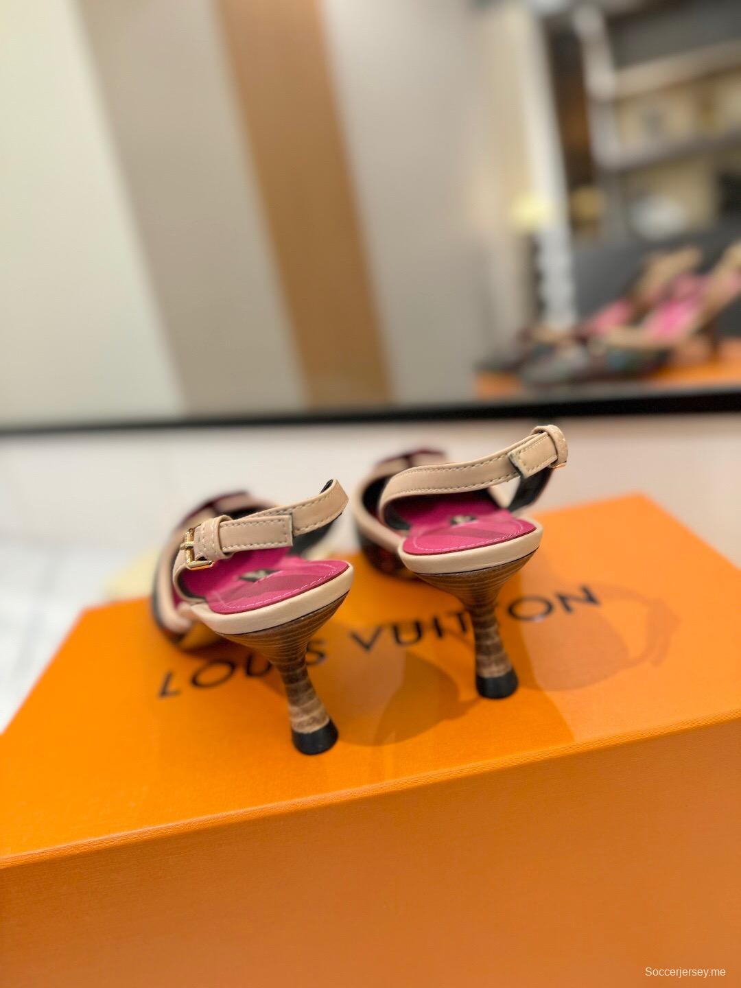 2025 Women Louis Vuitton Multicolor Black Leather Slingback Kitten Heel KFY00310