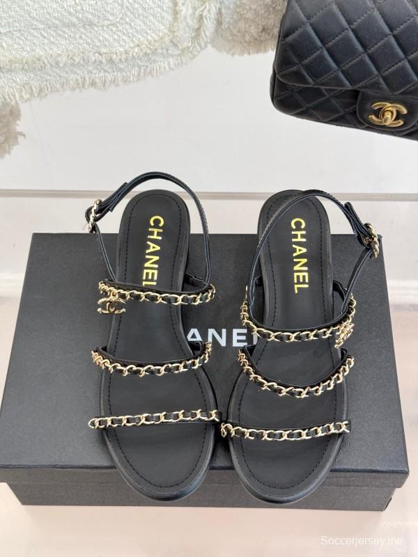 2025 Women Chanel Black Leather Sandals Chain KFY00270