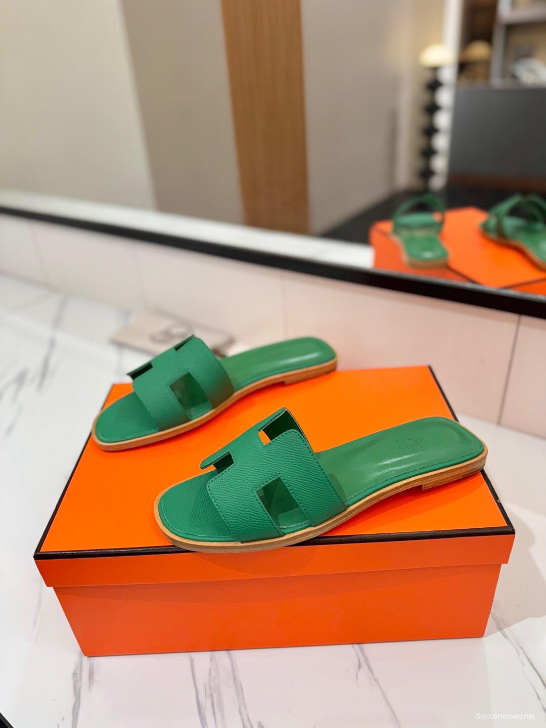 2025 Women Hermès Green Leather Slippers