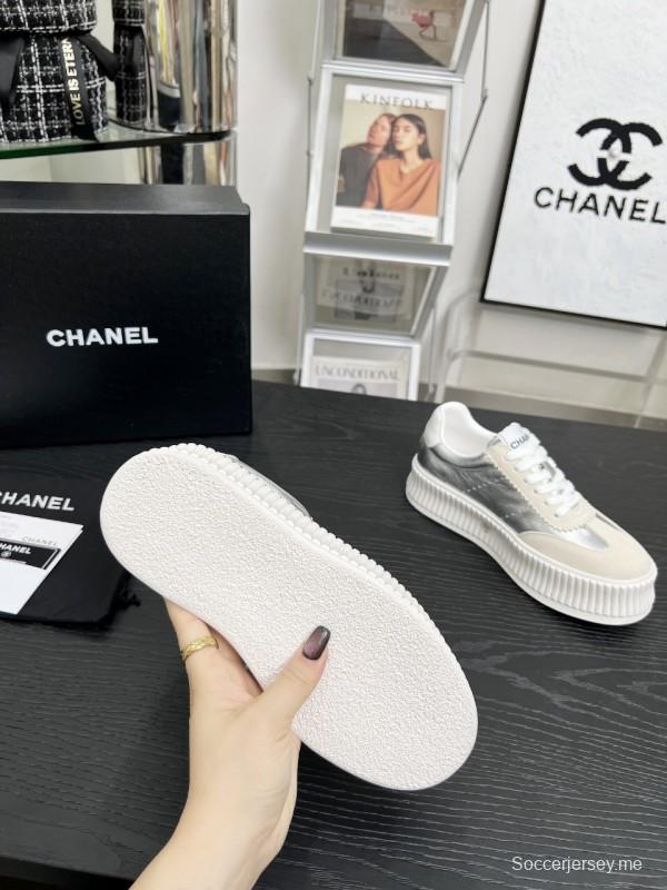 2025 Women Chanel White Silver Suede Leather Sneakers LY00270