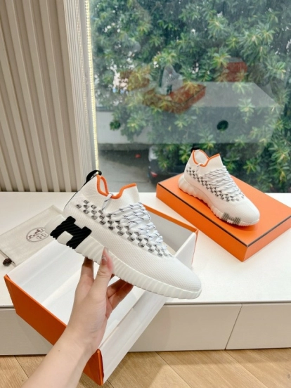 2024 Unisex Hermès White Black Orange Knit Sneakers