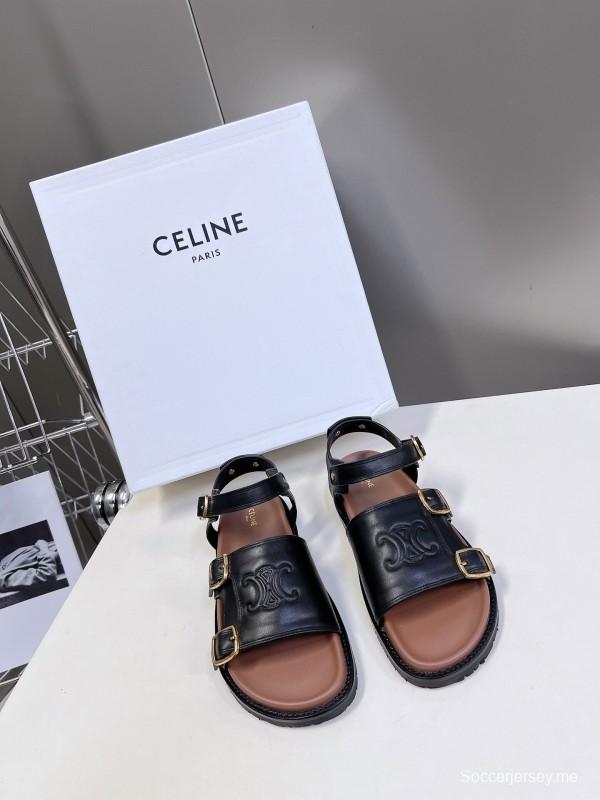 2025 Women Celine Black Leather Sandals Buckle KFY00280