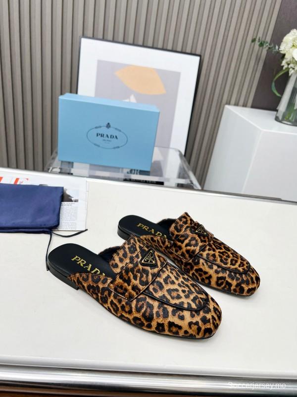 2025 Women Prada Leopard Calf Hair Slippers LY00260