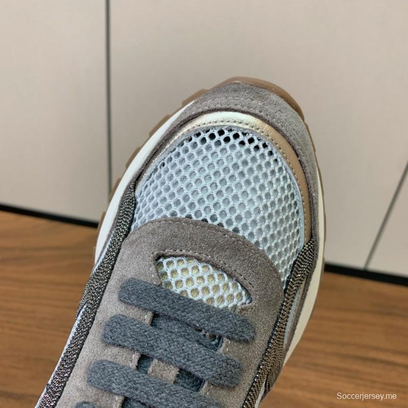 2025 Unisex Brunello Cucinelli Grey Silver Suede Mesh Sneakers