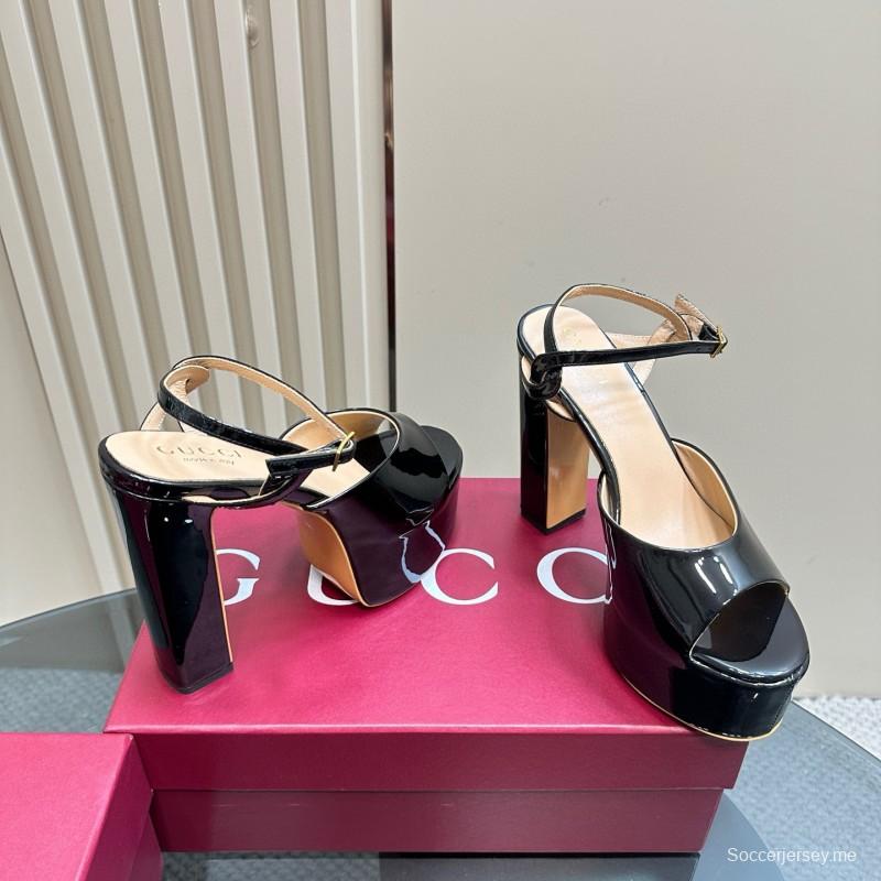 2025 Women Gucci Black Patent Leather Platform Sandals MJ00340