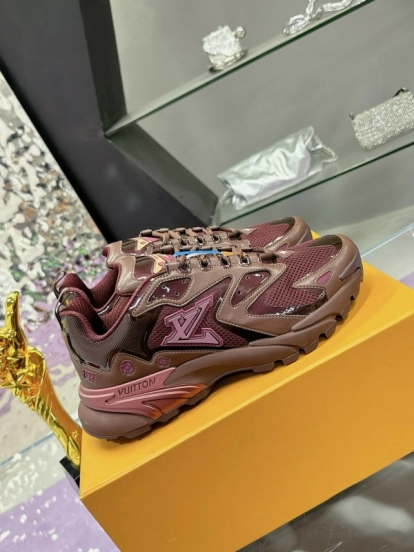 2025 Men Louis Vuitton Brown Mesh Leather Sneakers MJ00420