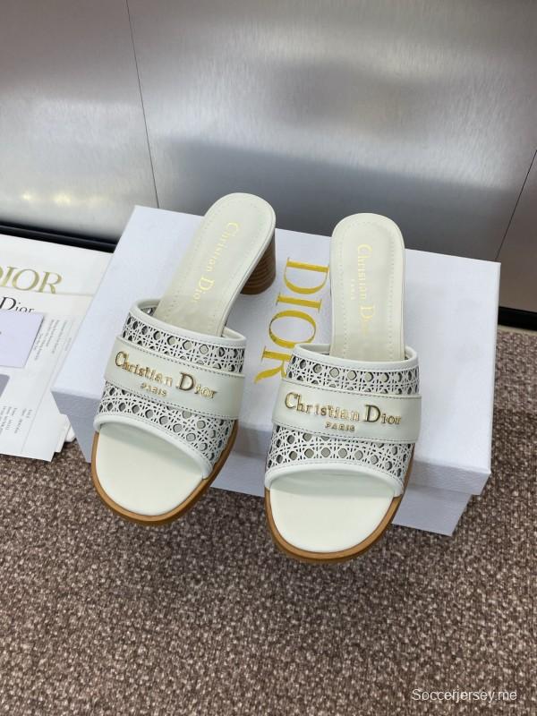 2025 Women Dior White Leather Sandals CD Pattern Low Heel KFY00310