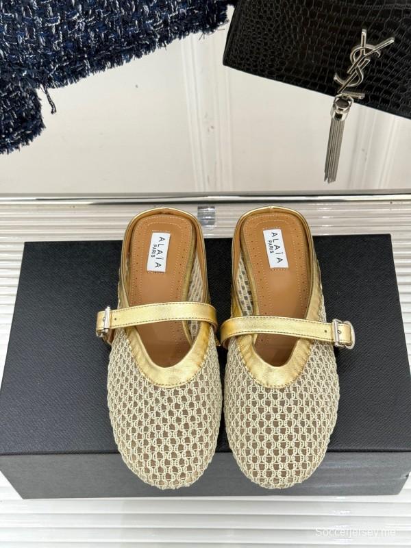 2025 Slippers AlAIA Gold Mesh Leather Slippers