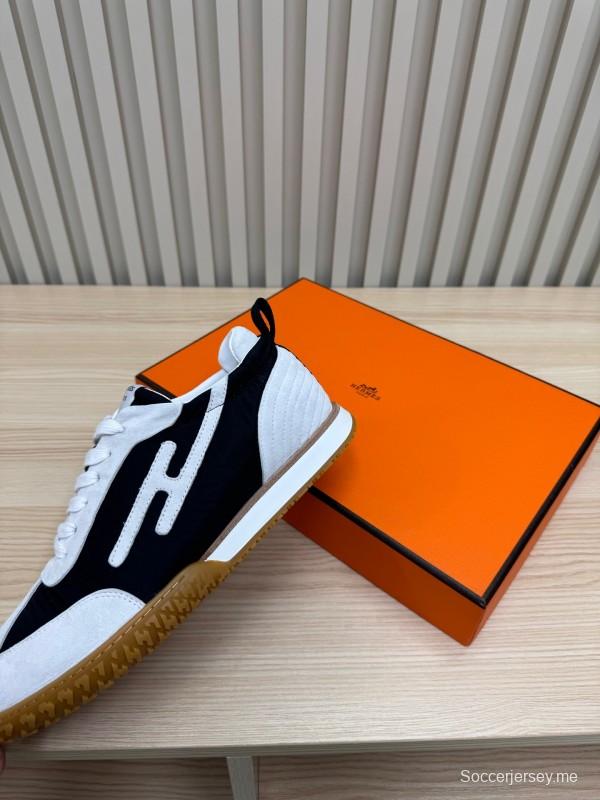 2025 Unisex Hermès White Black Suede Goat Leather Sneakers Top Version KFY00300