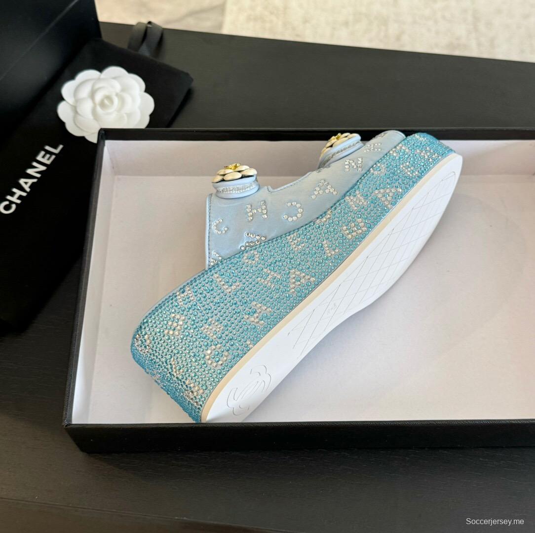 2025 Women Chanel Blue Denim Leather Platform Slippers LY00330
