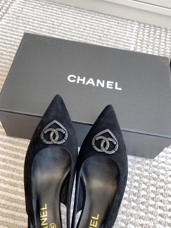 2025 Women Chanel Black Suede Slingback Heels CC Logo KFY00300