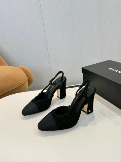 2025 Women Chanel Black Wool Leather Pumps LY00270