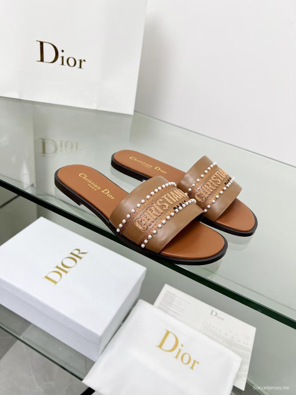 2025 Slippers Dior Brown Leather Women Slide Pearl LY00190