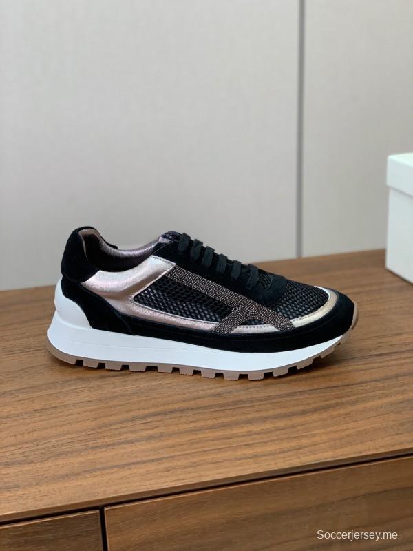 2025 Women Brunello Cucinelli Black Rose Gold Mesh Suede Leather Sneaker