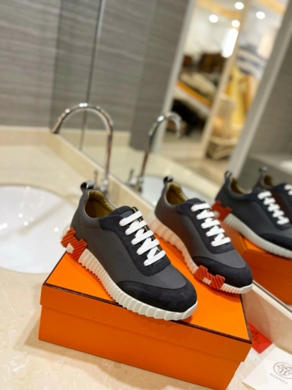 2024 Unisex Hermès Black Gray Imported Calfskin Rainproof Fabric Sneakers MJ00320