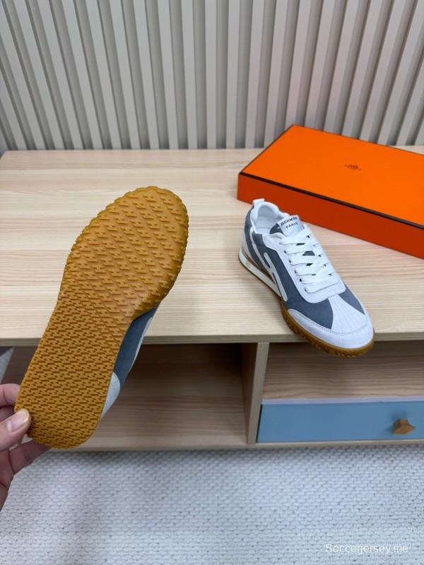 2025 Unisex Hermès White Grey Suede Canvas Sneakers KFY00300