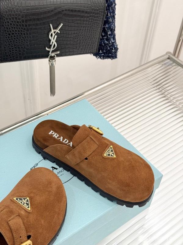 2025 Women Prada Brown Suede Slippers KFY00280
