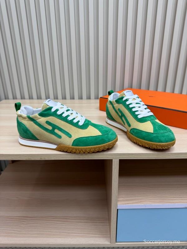 2025 Unisex Hermès Green Beige Suede Down Fabric Sneakers Top Version LY00310