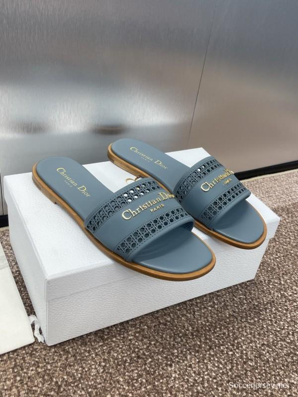 2025 Women Dior Blue Leather Slippers KFY00300