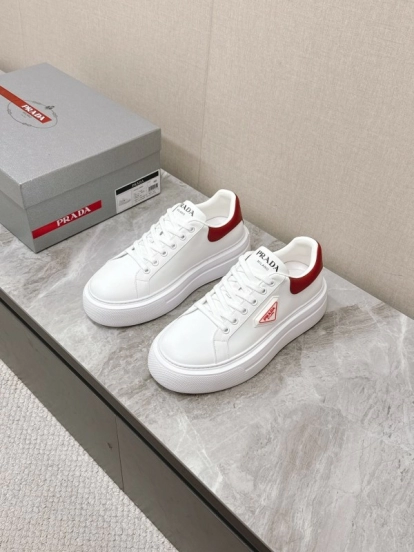 2025 Unisex Prada White Red Calf Leather Sneakers KFY00290