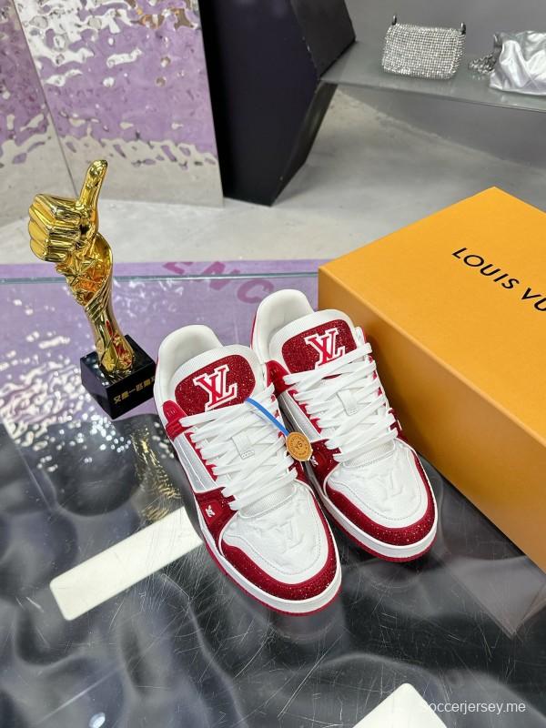 2025 Unisex Louis Vuitton Red White Leather Fabric Plimsolls Handmade Rhinestone AS00400
