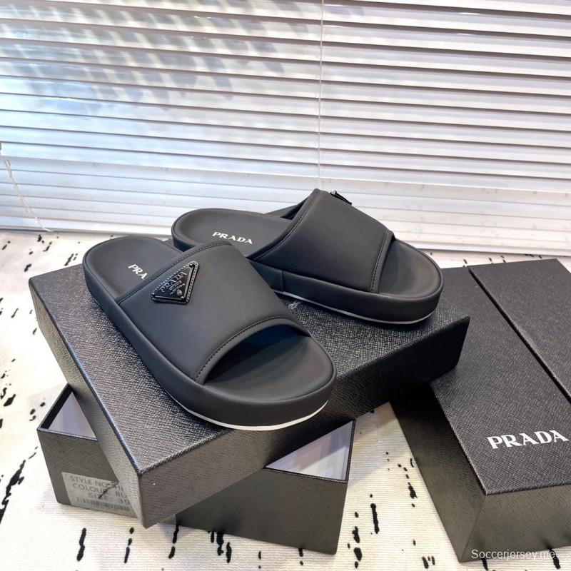 2025 Men Prada Black Fabric Slippers Logo KFY00230