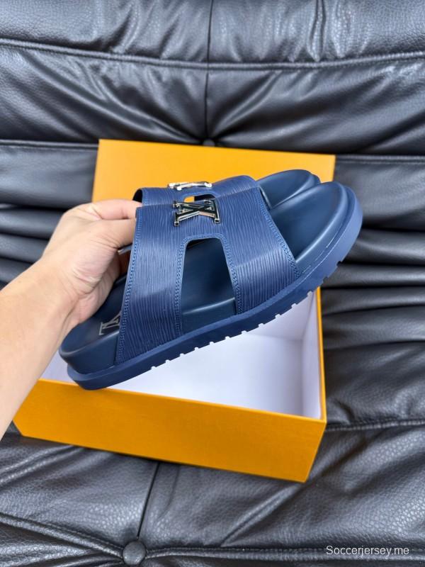 2025 Men Louis Vuitton Blue Leather Slippers AS00170