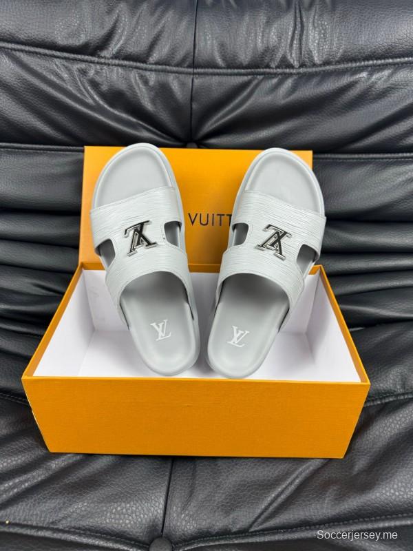 2025 Men Louis Vuitton White Leather Slippers AS00170