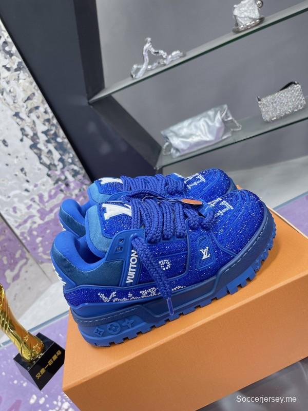 2025 Women Louis Vuitton Blue Crystal Trainer Original Custom Bing Bing Luxury Crystal Rhinestone High Temperature Hot Pressing TPU Sole AS00420