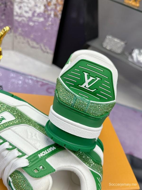 2025 Unisex Louis Vuitton Green White Leather Canvas Plimsolls Handcrafted Diamonds AS00400
