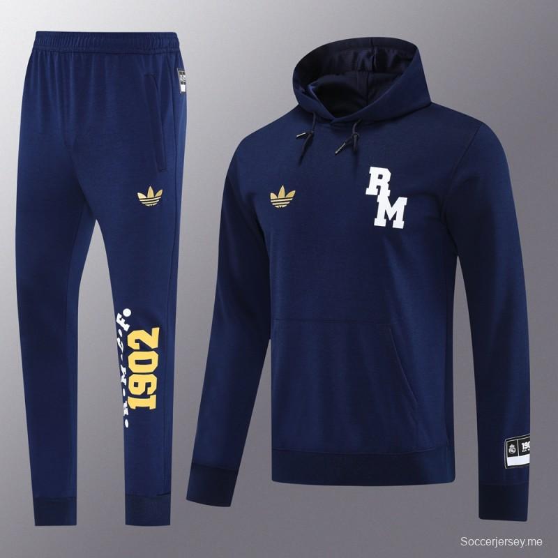 25/26 هودي ريال مدريد بسترة بغطاء أزرق داكن اللون الكحلي بسحاب كامل + بنطال طويل