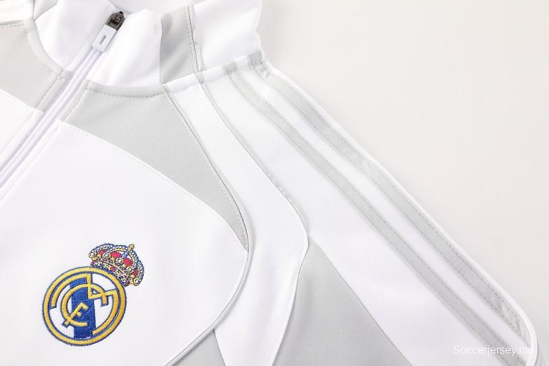 25/26 ريال مدريد جاكيت بسحاب كامل رمادي/أبيض + بنطلون طويل