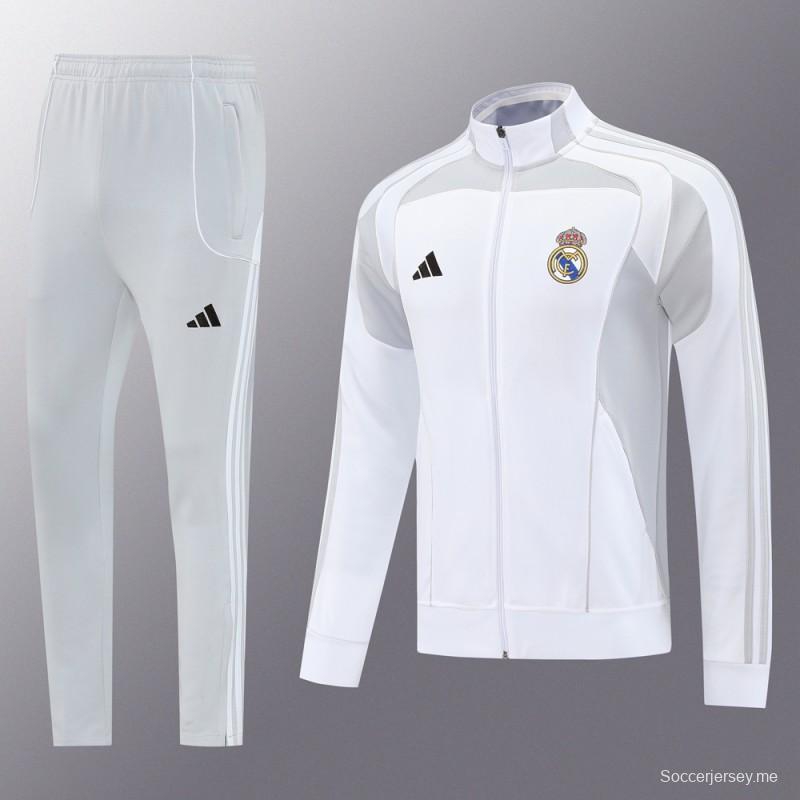 25/26 ريال مدريد جاكيت بسحاب كامل رمادي/أبيض + بنطلون طويل