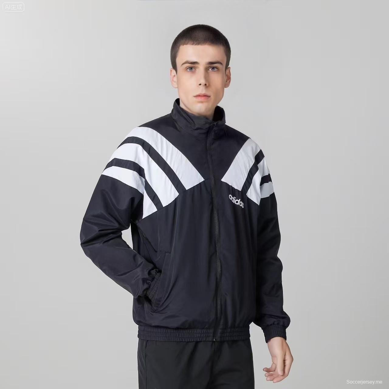 2025 أديداس 2025 سترة واقية من الرياح بسحاب كامل باللون الأخضر/الأبيض/الأسود