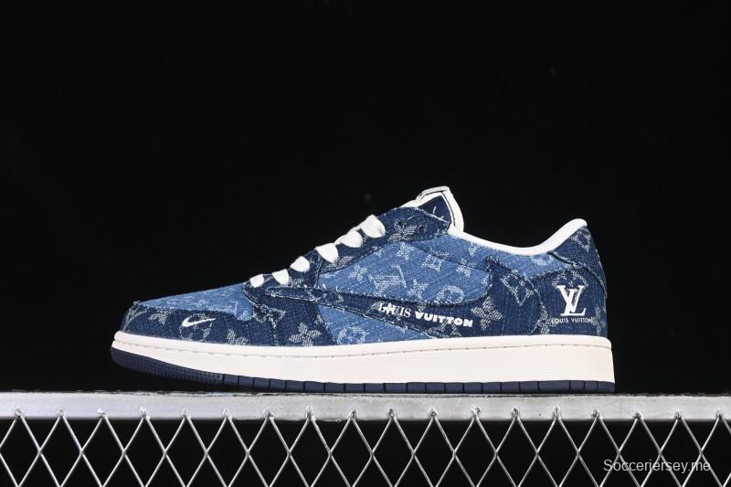 حذاء نايك ترافيس سكوت x Fragment Design x Air Jordan 1 Low OG SP AJ1 ذو الرقبة المنخفضة AJ1 بطبعة أزرق دنيم مغسول - XD0798-312