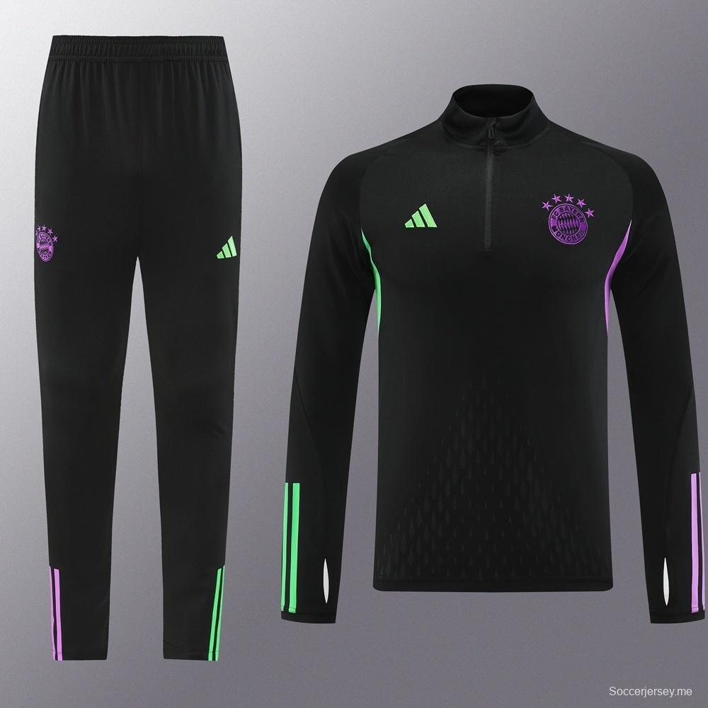23/24 بايرن ميونخ أسود S-2XL أسود جاكيت نصف سحاب + بنطلون طويل + بنطلون طويل