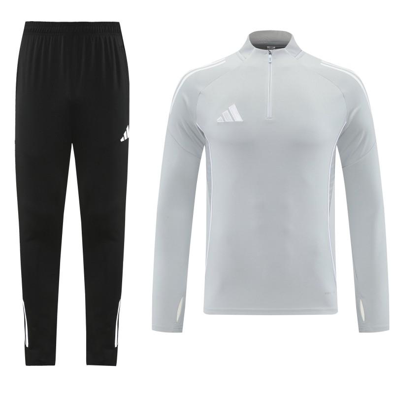 25/26 أديداس سترة رياضية بسحاب كامل رمادي فاتح + بنطلون طويل + أديداس 25/26