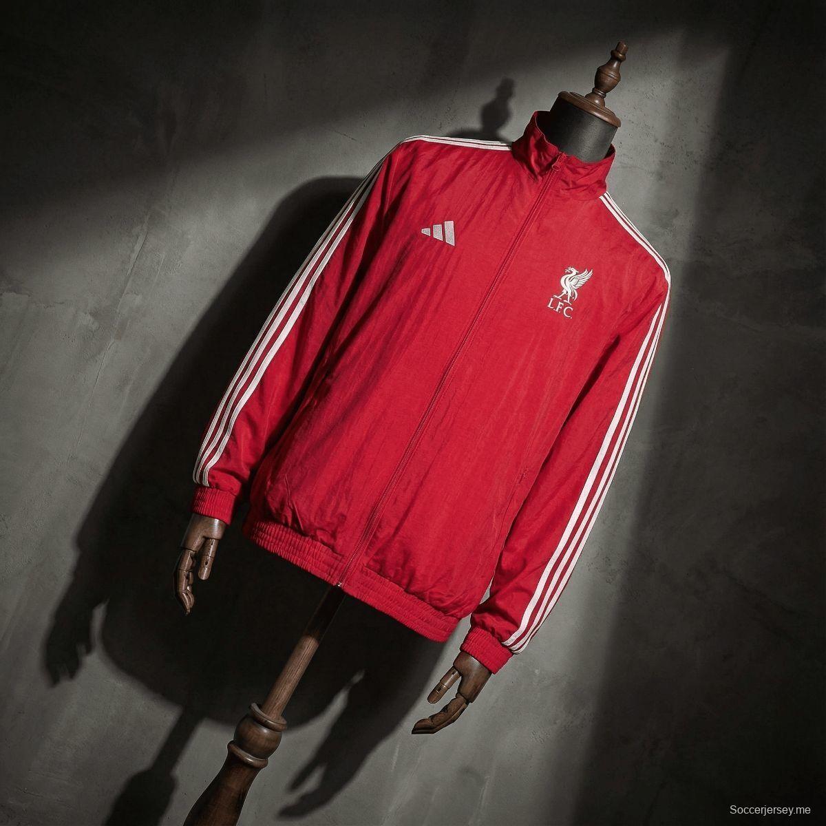 2026 سترة ليفربول حمراء وبيضاء قابلة للانعكاس بسحاب كامل