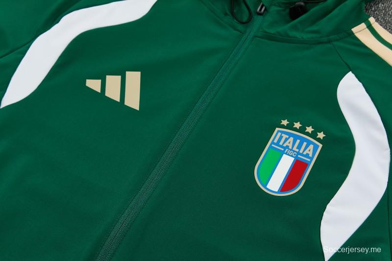 26/27 إيطاليا - طقم رياضي أخضر بغطاء رأس وسحاب كامل + بنطال طويل