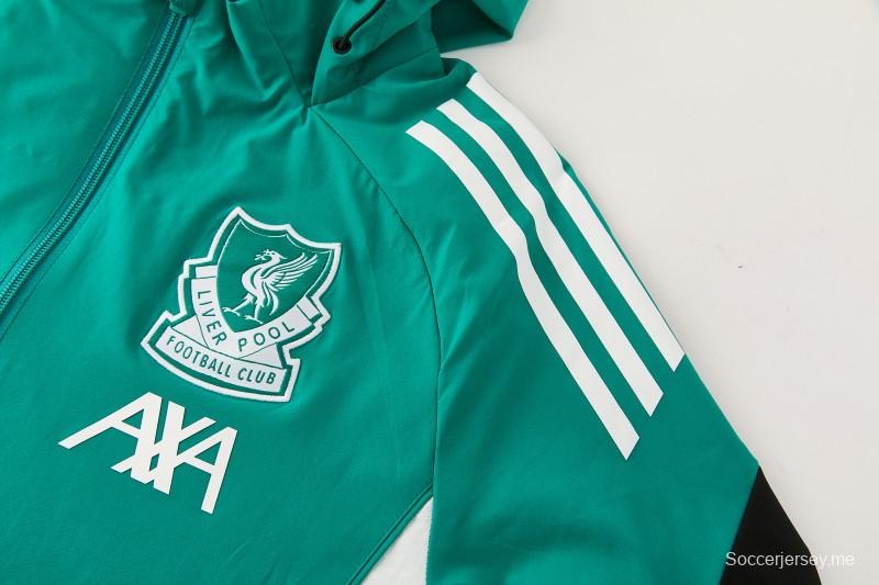 26/27 طقم رياضي من ليفربول باللون الأخضر مع سترة بغطاء رأس وسحاب كامل + بنطال طويل أسود