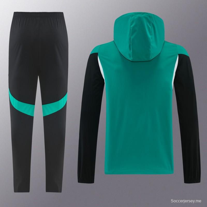 26/27 طقم رياضي من ليفربول باللون الأخضر مع سترة بغطاء رأس وسحاب كامل + بنطال طويل أسود