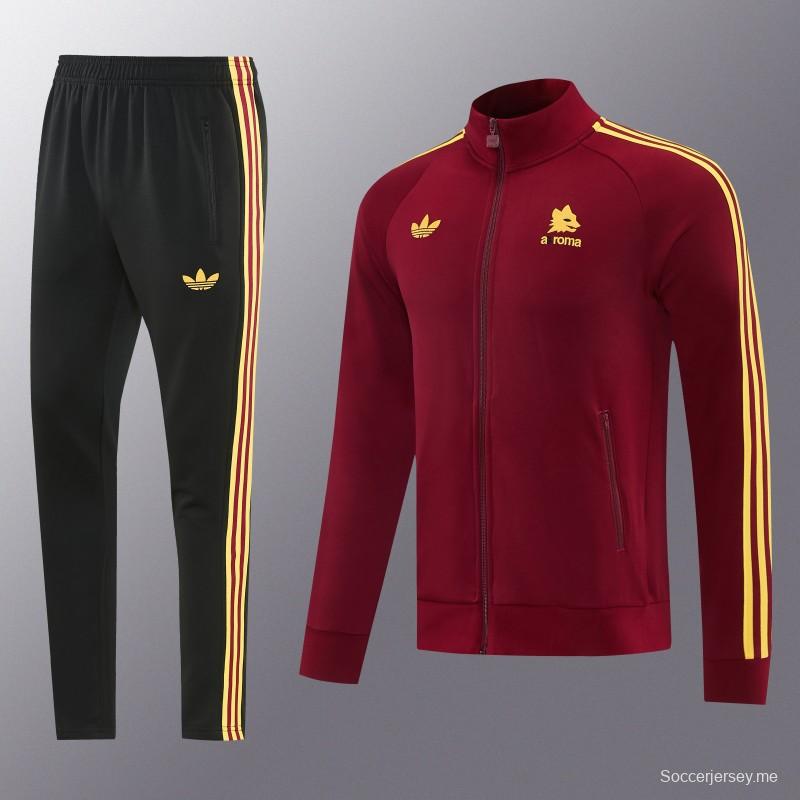 2026/27 AS Roma - طقم رياضي باللونين العنابي والذهبي مع سترة بسحاب كامل + بنطال طويل أسود