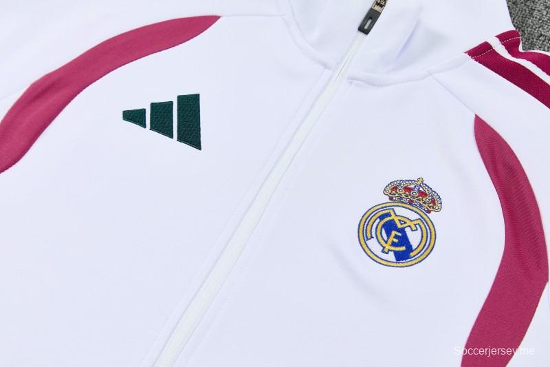 26/27 بدلة رياضية من ريال مدريد باللونين الأبيض والأخضر الداكن مع سترة بسحاب كامل + بنطال طويل